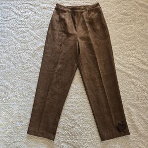 Brown Herringbone Tweed Straight Leg Pants Leaf Appliqué | Cottagecore | Size 10